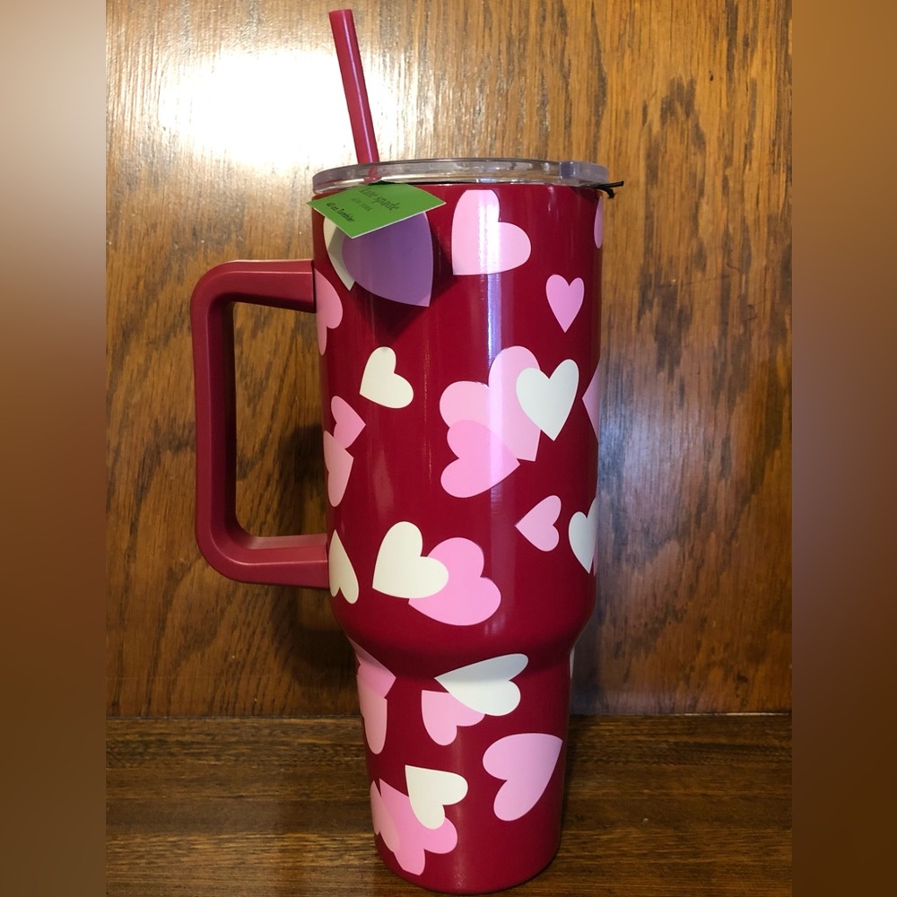 NWT-Kate Spade-40 Ounce Hearts Tumbler Cup-Red, Pink & White-Lid & Straw-$42.95
